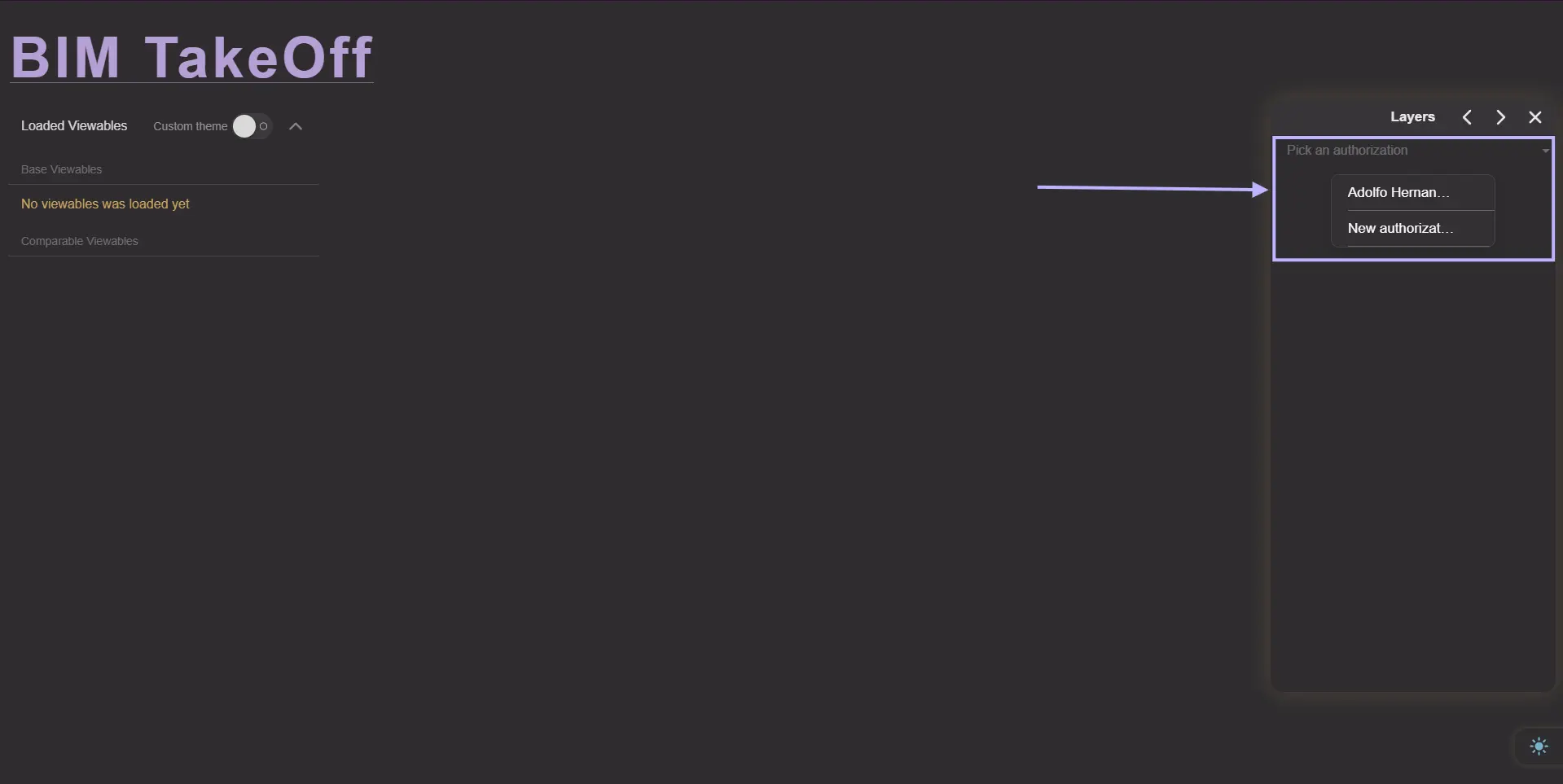 Selection of the authorization from the layer selector