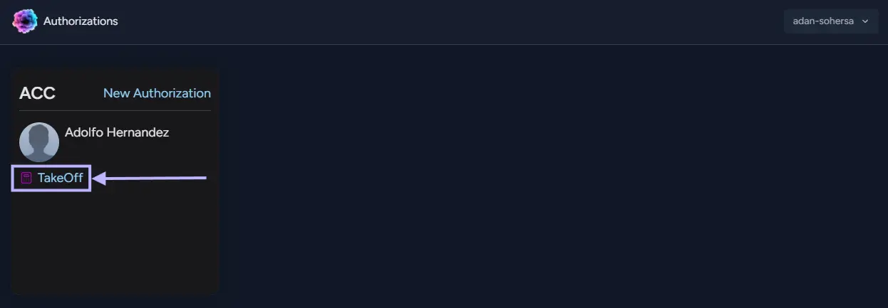 Button to navigate to the TakeOff application with the selected authorization